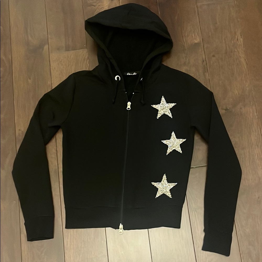 Odi Et Amo Black Hoodie with Silver Star Accents size XS